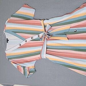 LILY BLACK Striped Short Sleeve V-Neck Midi Elastic Waist‎ Dress - Size L